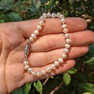Hand Knotted White Pearl Bracelet with Magnetic Clasp, Natural Freshwater Pearls